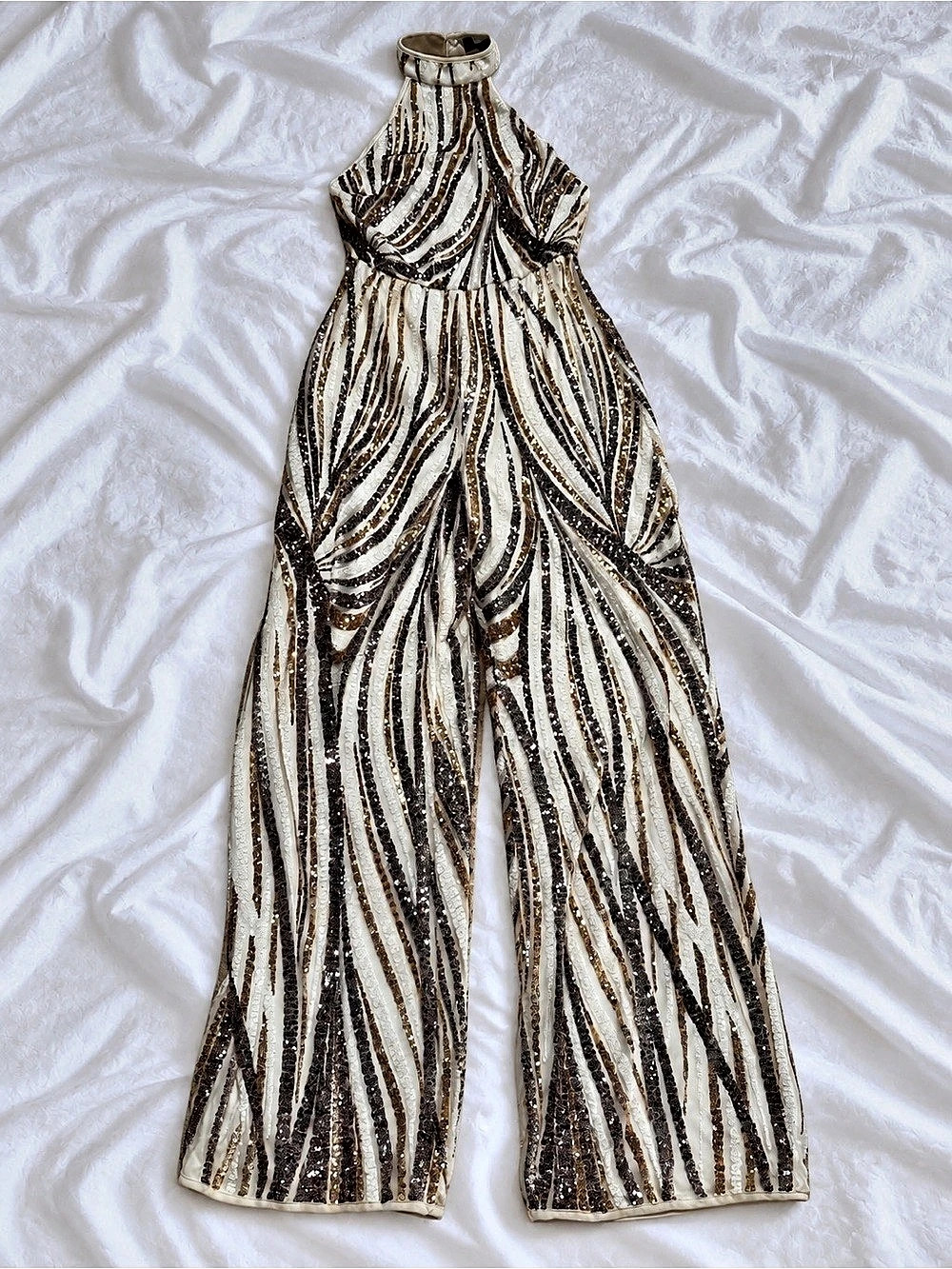 PrettyLittleThing Abstract Sequin Wide-Leg Jumpsuit Size 8 Like New
